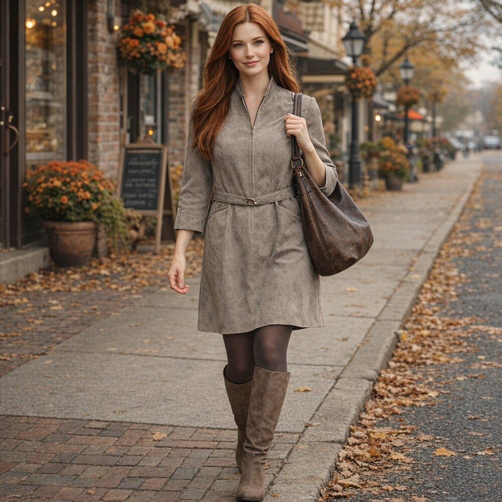 Vintage 1970s Taupe Ultrasuede Shirtdress Belted Sleeves Pockets Zip Front S/M
